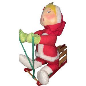 Vintage 1971 Annalee Mobilitee Christmas Doll Girl on Sleigh Red Wood Sled Red